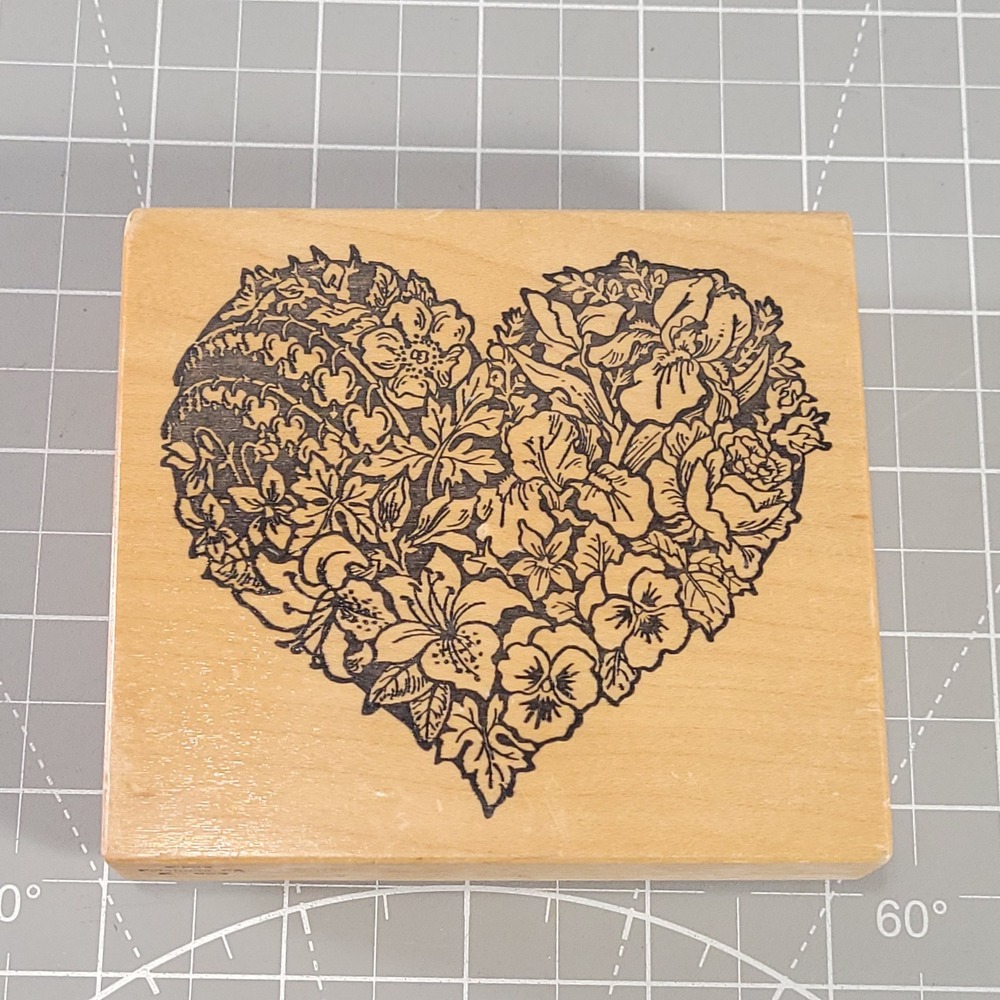 PSX Rubber Stamp Floral Heart K-663 Wood Mounted Botanical Vintage Craft